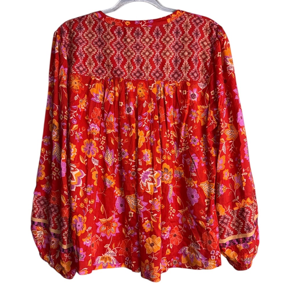 Liverpool Womens 3X Blouse Orange Red Floral Blouson Sleeve Button Front NWT $98 - Picture 2 of 6